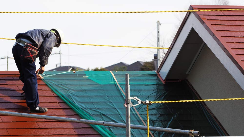 屋根に養生をひく